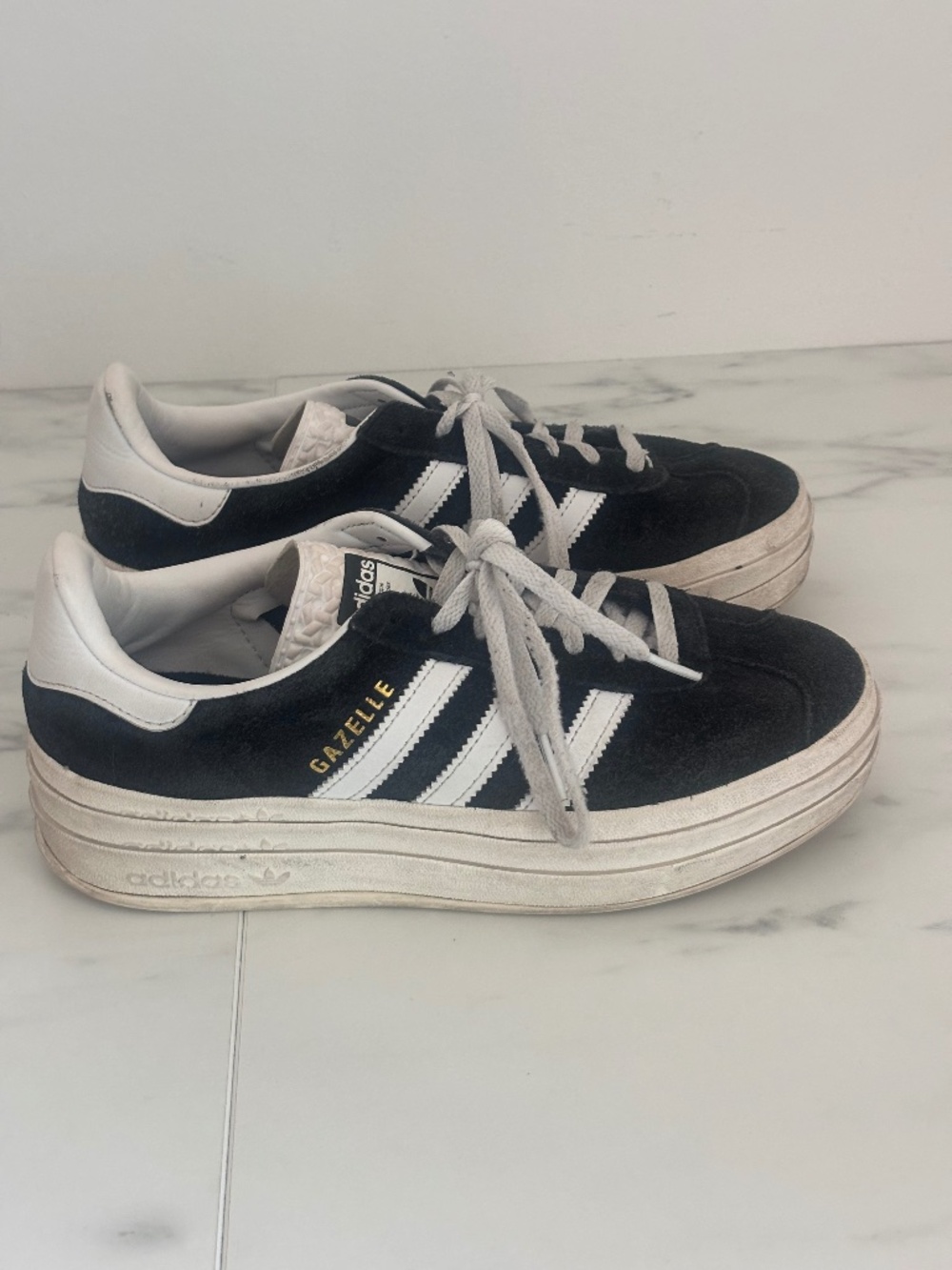Women's Adidas Gazette Black/White stripe platform sneaker, size 7.5
